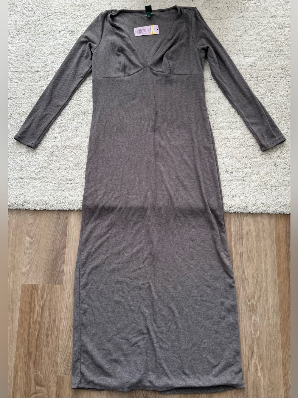 NWT Wild Fable XL Gray Ribbed Long Sleeve Deep V Neck Bodycon Maxi Dress